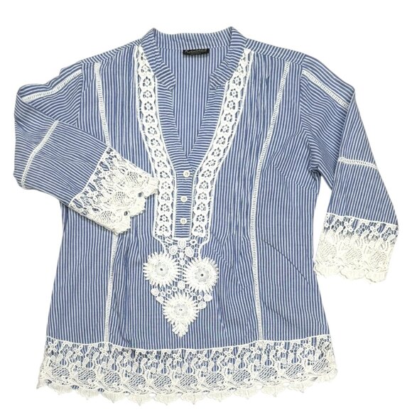 Kanishka Blue and White Striped Cotton Lace‎ Accent Tunic - Picture 1 of 7